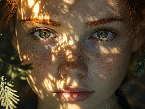 A young woman with red hair and green eyes peeks out from behind a leafy green plant, her eyes full of intrigue and mystery.