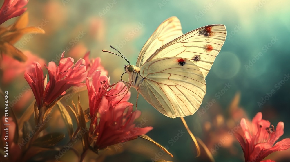 Naklejka premium White Butterfly Perched on Pink Blossoms