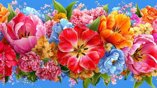 Vibrant and colorful spring flowers create stunning bouquet, showcasing variety of blooms in shades of red, pink, orange, and blue against bright blue background. This lively arrangement evokes