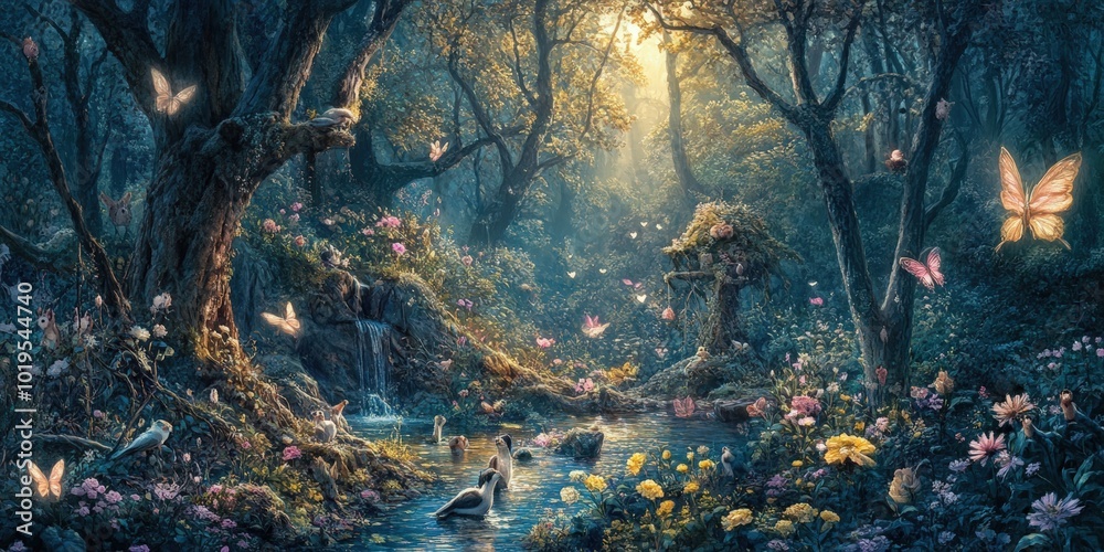 Enchanted forest with waterfall, flowers, and butterflies. Enchanted forest with waterfall, flowers, and butterflies.