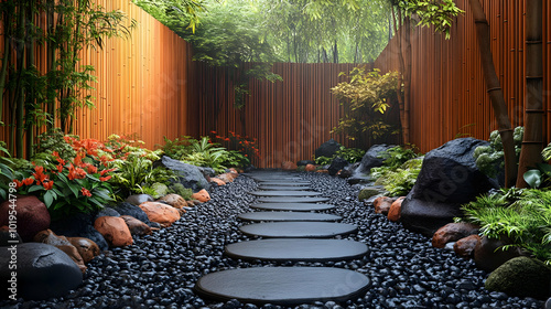 Fototapeta Naklejka Na Ścianę i Meble -  Zen Garden Pathway with Bamboo Wall 3D Illustration