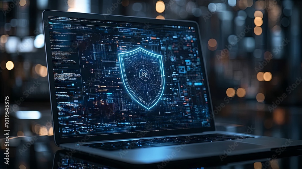 A glowing blue shield icon on a laptop screen with a background of digital data and code A glowing blue shield icon on a laptop screen with a background of digital data and code
