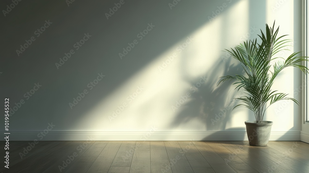 An empty white room with a wooden floor and a potted plant An empty white room with a wooden floor and a potted plant