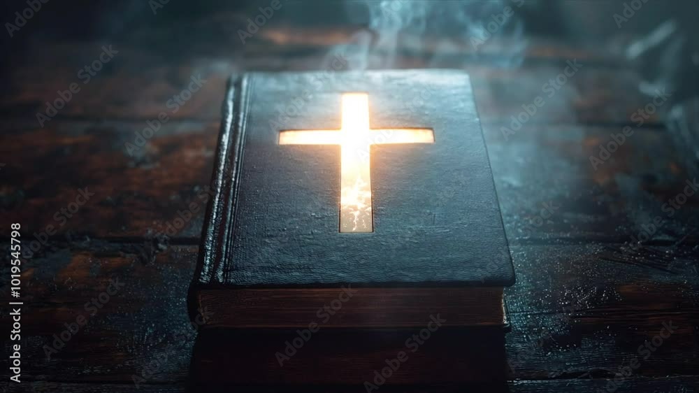 holy christian bible with cross made of glowing light close up with smoke Generative AI