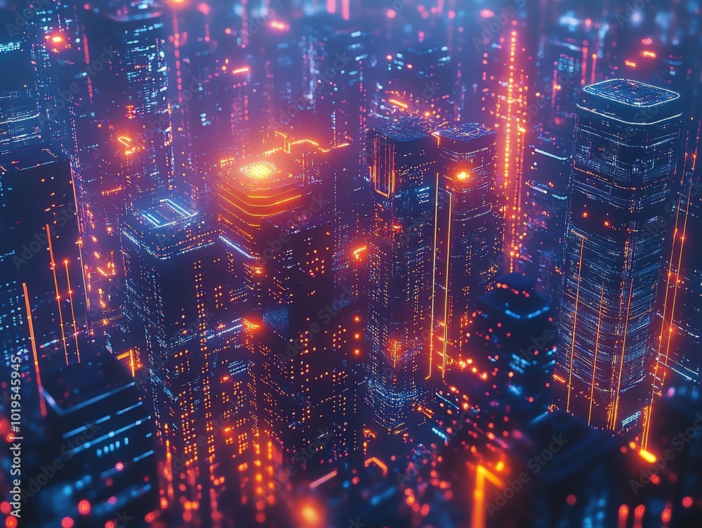 An aerial view of a futuristic city blended with digital technology An aerial view of a futuristic city blended with digital technology