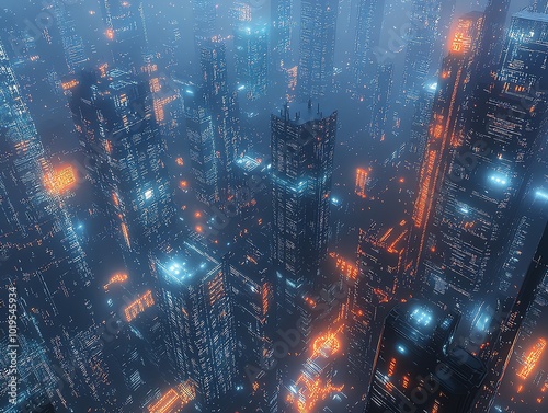 An aerial view of a futuristic city blended with digital technology