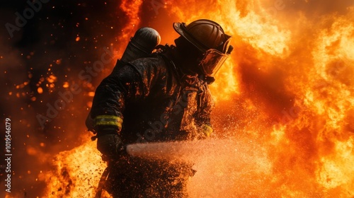 A firefighter battling flames while spraying water to control a fire.