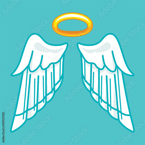 Angel wings and a golden nimbus illuminated against a soft blue background bring a serene and uplifting atmosphere