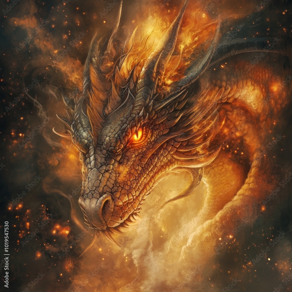 A fiery dragon with glowing eyes, surrounded by smoke and sparks, evoking fantasy themes. A fiery dragon with glowing eyes, surrounded by smoke and sparks, evoking fantasy themes.