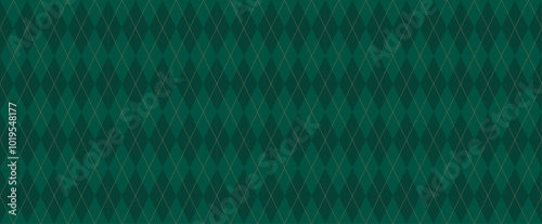 Dark Green Argyle Vector Pattern. Christmas Background. Golf Textile Print. Emerald Diamonds with Gold Accent Lines. Seamless Pattern Tile.