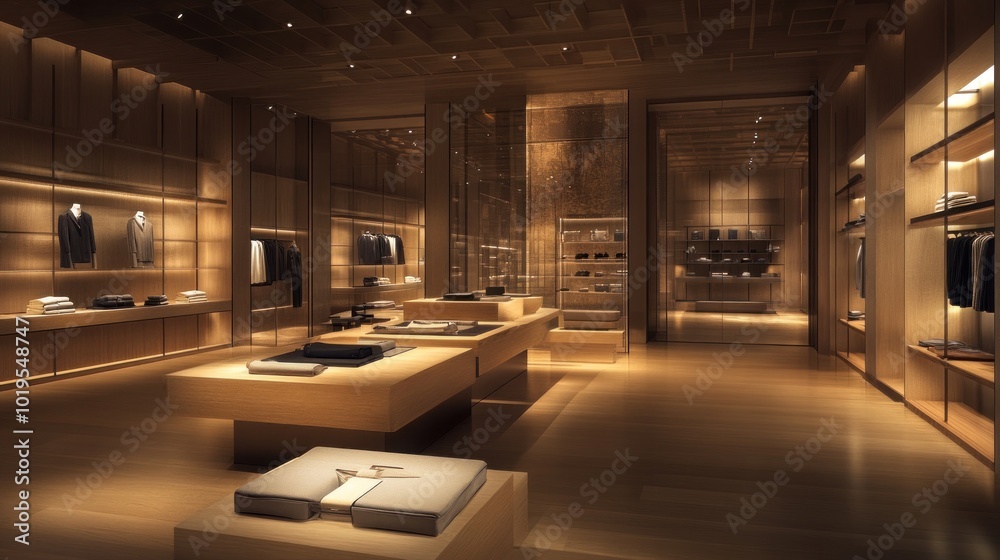 A luxurious retail space showcasing elegant clothing and accessories in warm lighting. A luxurious retail space showcasing elegant clothing and accessories in warm lighting.