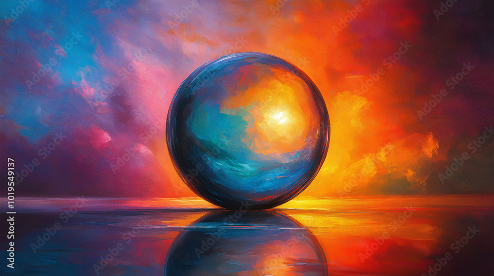Vector illustration of a sphere of vibrant hues, balanced on a reflective surface, mirroring the celestial drama above. Vector illustration of a sphere of vibrant hues, balanced on a reflective surface, mirroring the celestial drama above.