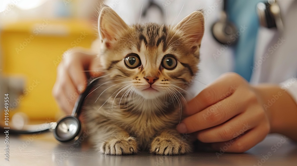A veterinarian examining a curious kitten with a stethoscope A veterinarian examining a curious kitten with a stethoscope