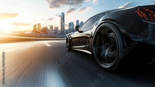 Luxury car  Wallpaper. Luxury car driving down an empty highway with a city skyline in the background, ideal for car commercials.