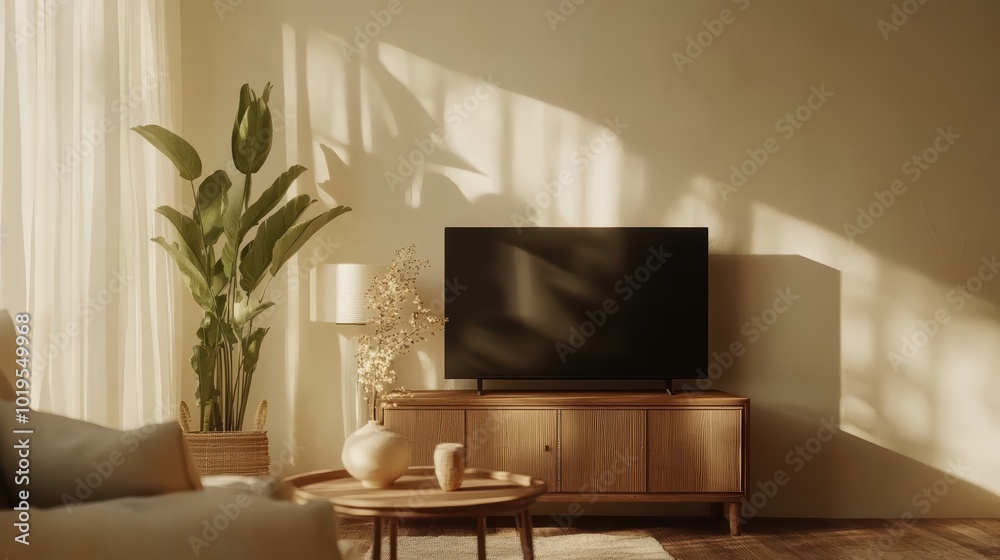 Interior mock up living room. Cabinet for TV or place object in modern living room with lamp, table, flower, and plant. Interior mock up living room. Cabinet for TV or place object in modern living room with lamp, table, flower, and plant.