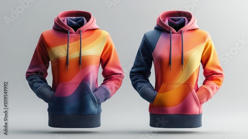 Two colorful hoodies with wave patterns displayed frontally.