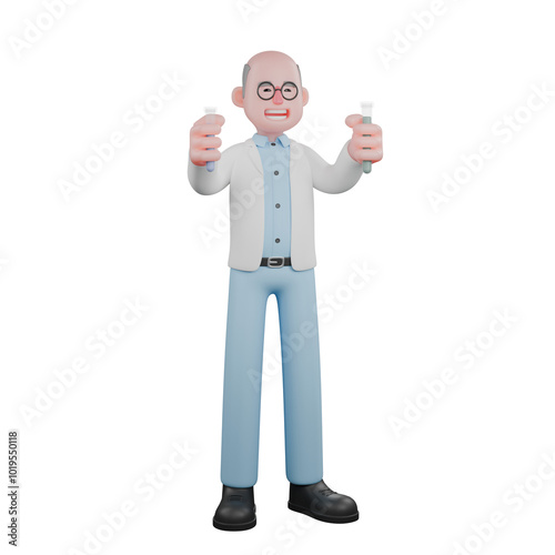 Male Scientist with Test Tubes. A male scientist is standing while holding a measuring cylinder. 3D Illustration