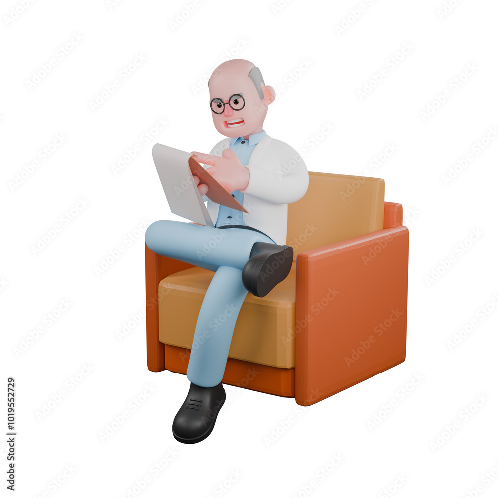 3D Male Scientist at Microscope. A male scientist sitting on a sofa holding a clipboard in his left hand and his right hand above the clipboard while pointing. Research Development Cartoon 3D Male Scientist at Microscope. A male scientist sitting on a sofa holding a clipboard in his left hand and his right hand above the clipboard while pointing. Research Development Cartoon