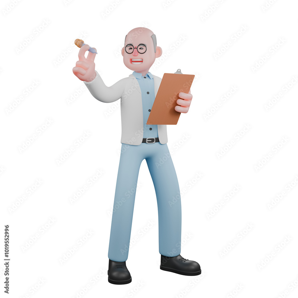 Professional Male Scientist in 3D. A male scientist is standing while carrying a dropper and a clipboard. Environmental Science Character Professional Male Scientist in 3D. A male scientist is standing while carrying a dropper and a clipboard. Environmental Science Character
