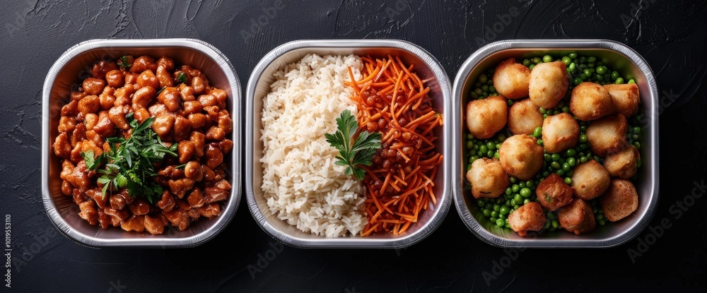 Delicious Three-Course Meal Featuring Chicken, Rice, Carrots, and Potato Balls for a Satisfying Feast