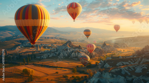 Colorful hot air balloons flying over mountain