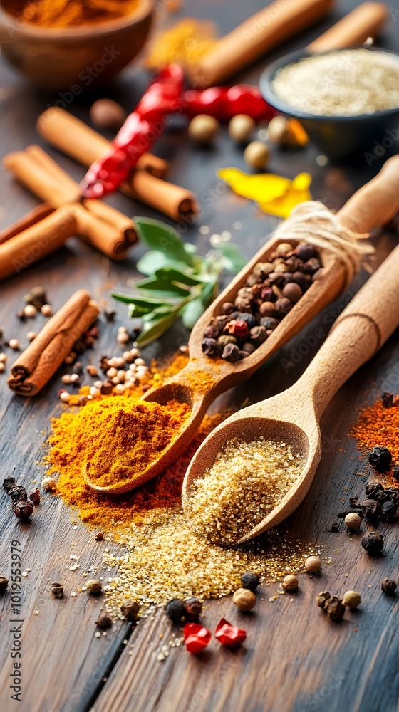 Aromatic Spices in Wooden Spoons.