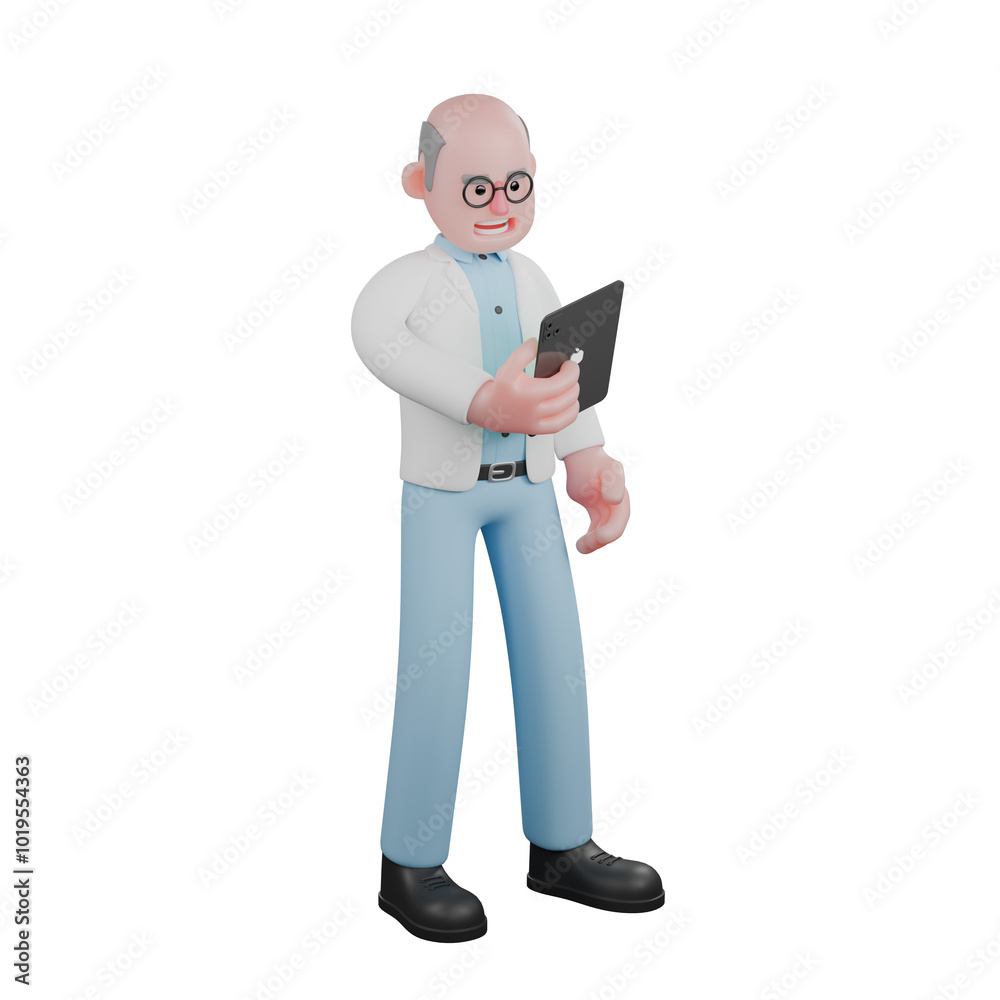 Animated Male Scientist. A male scientist standing holding a tablet in his hand with a happy expression. 3D Research Professional Animated Male Scientist. A male scientist standing holding a tablet in his hand with a happy expression. 3D Research Professional