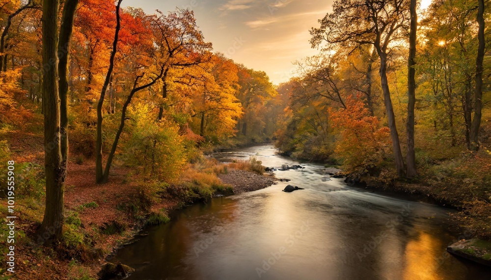 A Serene River Meandering Through a Vibrant Autumn Forest, Surrounded by Trees With Golden and Red Leaves, Captured Under the Warm Glow of Sunset for a Stunning Landscape Scene A Serene River Meandering Through a Vibrant Autumn Forest, Surrounded by Trees With Golden and Red Leaves, Captured Under the Warm Glow of Sunset for a Stunning Landscape Scene