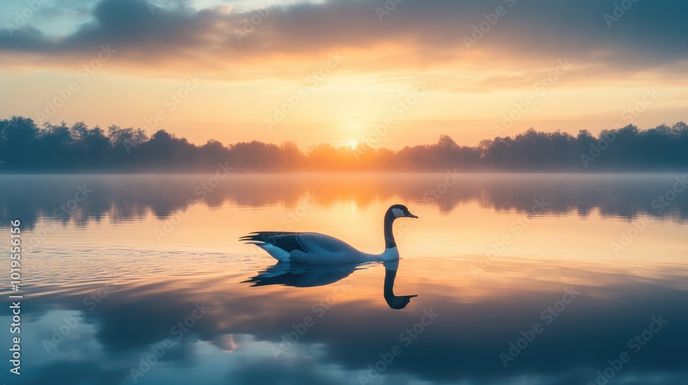 Fototapeta premium Serene Swan at Sunrise Over Calm Water
