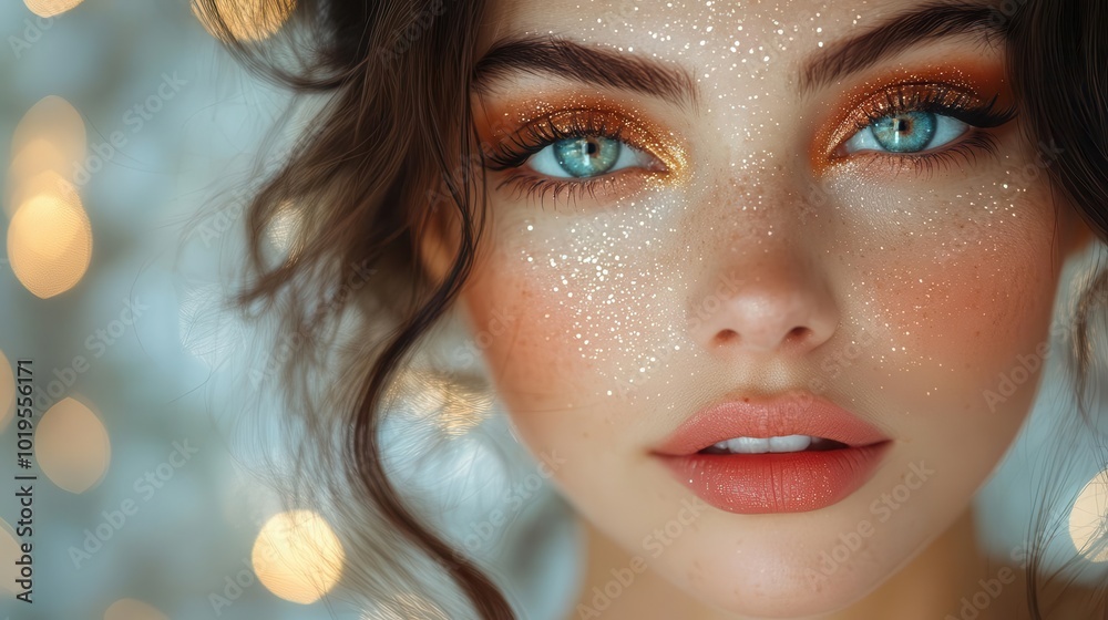 portrait of a beautiful young woman wearing bright festive makeup embodying the spirit of celebration and joy perfect for capturing the essence of the christmas and new year festivities portrait of a beautiful young woman wearing bright festive makeup embodying the spirit of celebration and joy perfect for capturing the essence of the christmas and new year festivities