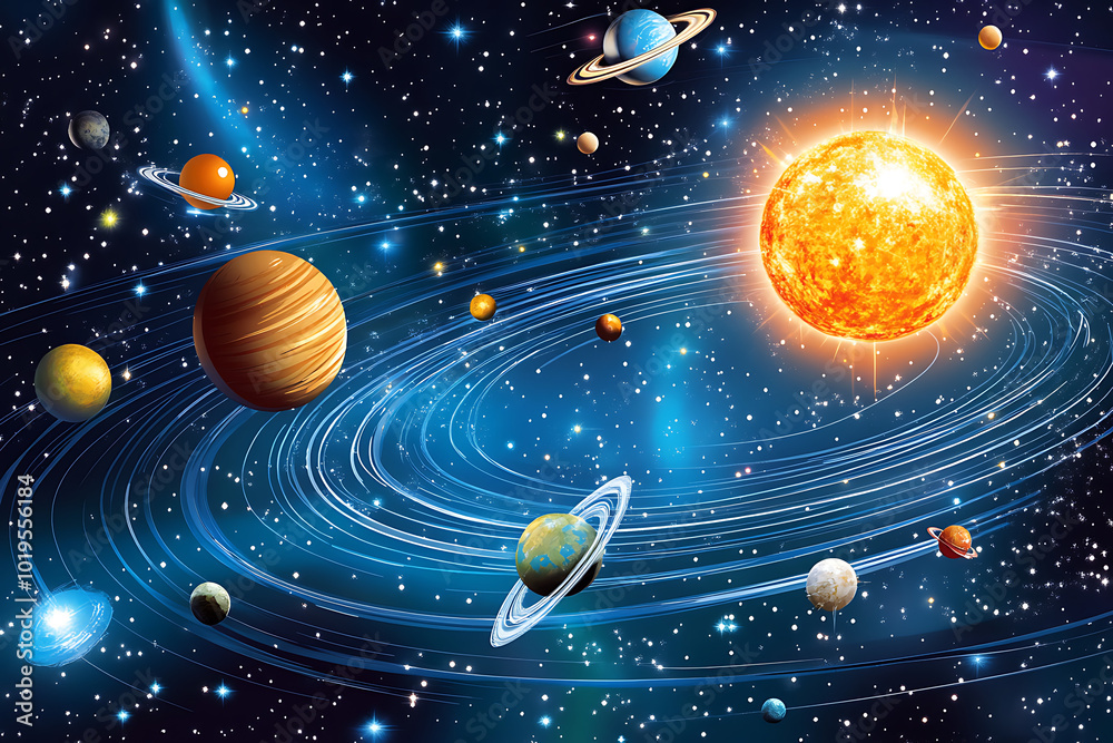 Fototapeta premium A vibrant illustration of the solar system with planets orbiting the sun.