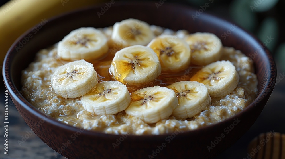 A bowl of oatmeal topped with banana slices and syrup. A bowl of oatmeal topped with banana slices and syrup.