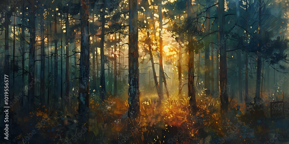 Fototapeta premium Pine forest in the fog at sunrise. illustration.