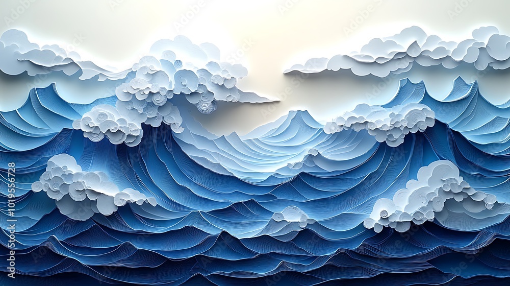 A blue and white paper layered art ocean waves. A blue and white paper layered art ocean waves.
