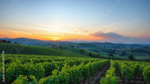 A stunning sunset over rolling vineyards, with a small house in the distance. The image captures the beauty of rural life and the tranquility of nature