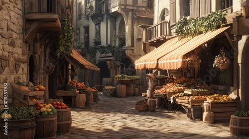 Medieval marketplace with fruit vendor and cobblestone street.