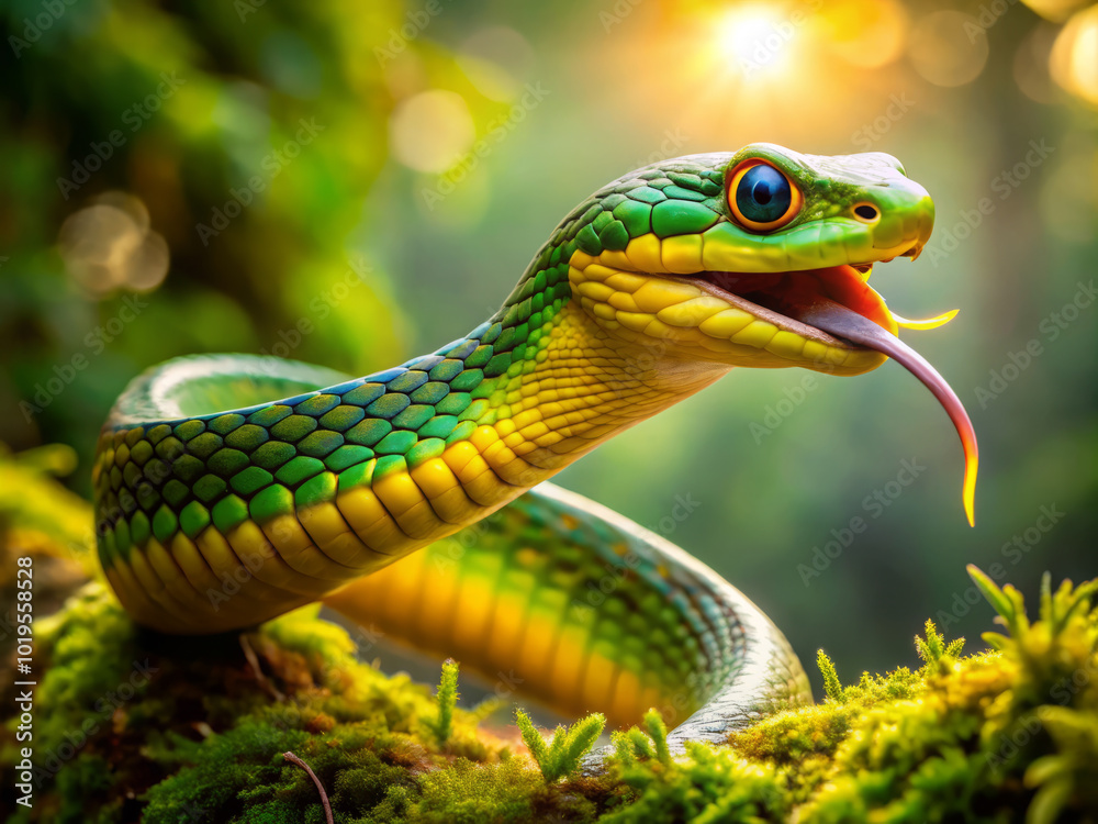 Fototapeta premium vibrant green leaf nosed snake coils gracefully on moss covered branch, showcasing its striking colors and expressive features. sunlight filters through foliage, creating magical atmosphere