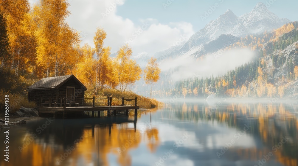 Fototapeta premium Cabin on a lake with fall foliage and mountains.