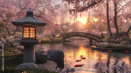 Japanese garden with koi fish, bridge, and lantern.