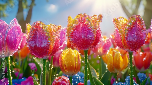 Colorful tulips with dew drops glisten in sunlight, creating vibrant and refreshing scene. bright hues of pink, yellow, and orange tulips evoke sense of joy and beauty in nature