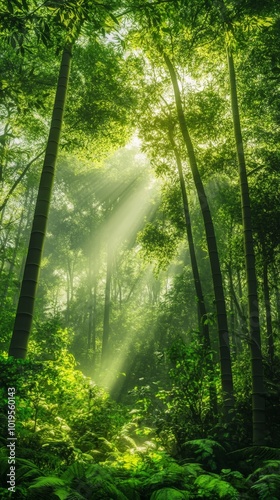 lush bamboo forest with tall green stalks photo