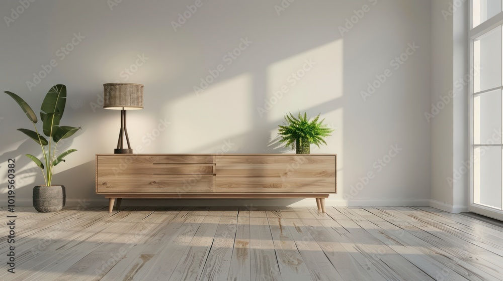 Copy space of empty wall in living room with fern and lamp on wooden cupboard Copy space of empty wall in living room with fern and lamp on wooden cupboard
