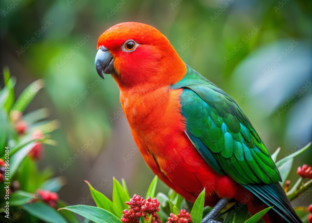 Obraz premium Vibrant Australian king parrot showcasing vivid red and green plumage, perched among lush foliage and colorful flowers, exuding lively and cheerful presence
