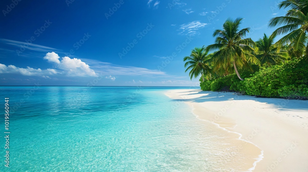 A tranquil white sand beach with clear turquoise water and lush palm trees. A tranquil white sand beach with clear turquoise water and lush palm trees.