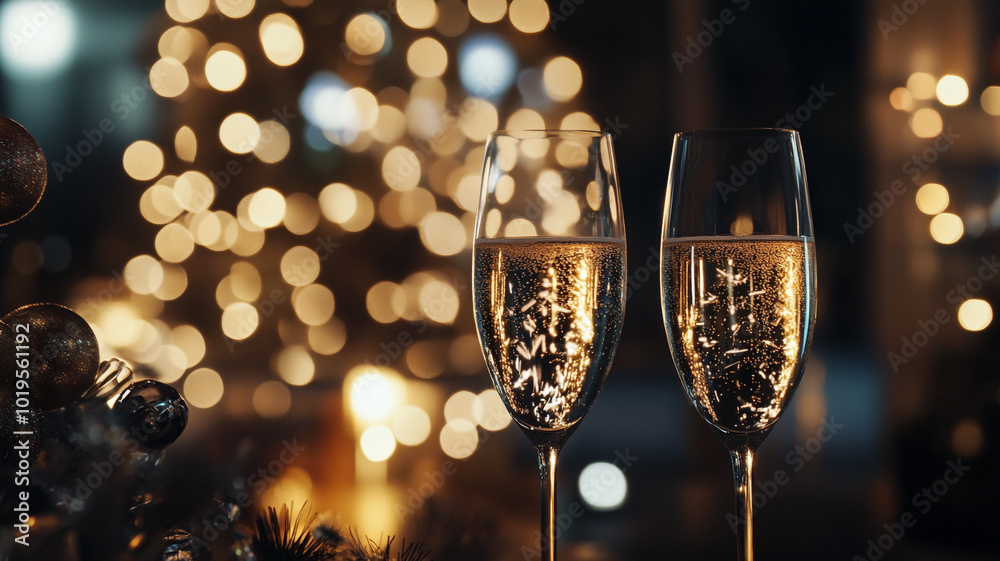 Celebratory toasts with sparkling cider glasses beside a beautifully lit holiday tree Celebratory toasts with sparkling cider glasses beside a beautifully lit holiday tree