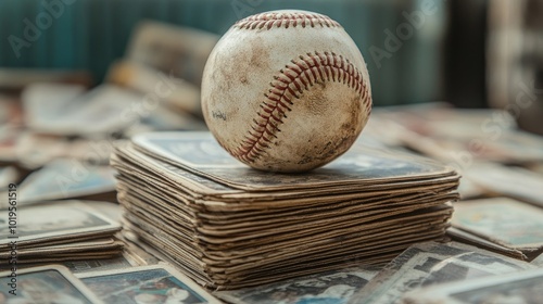 Vintage Baseball on Old Sports Cards Stack