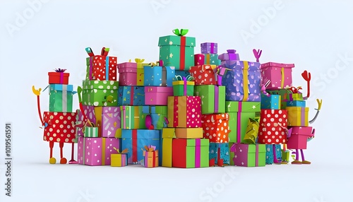 The overall color scheme would be vibrant and cheerful, with bold shades of red, green, blue, yellow, pink, and purple. The gift wrap on the boxes could be covered in fun patterns.