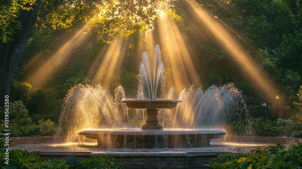 Fototapeta premium Sunbeams illuminate a fountain in a park.