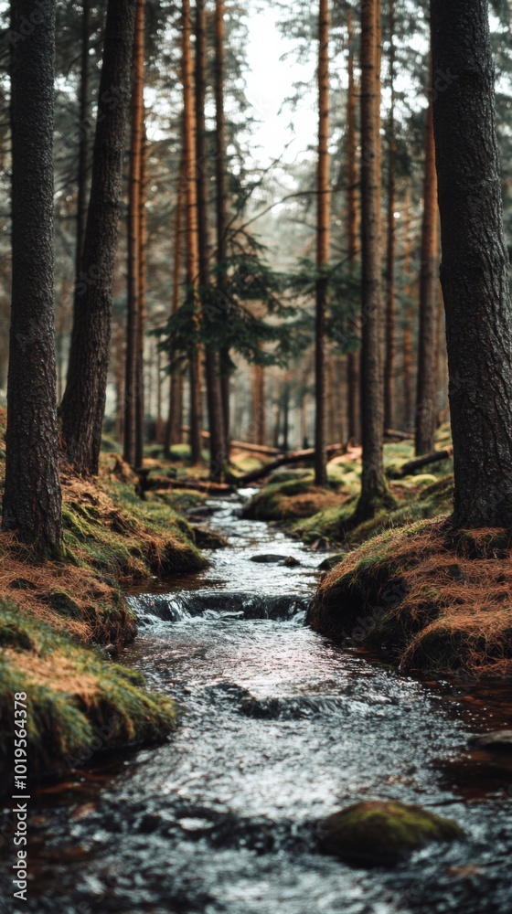 a quiet forest stream winding through tall dense trees a quiet forest stream winding through tall dense trees