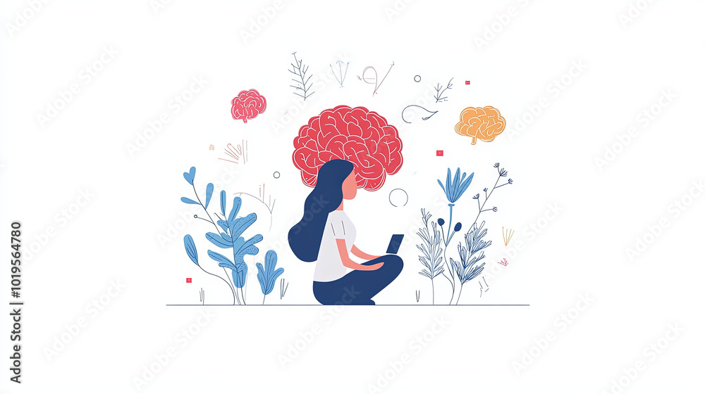 woman sits peacefully with laptop, surrounded by colorful brain illustrations and plants, symbolizing creativity and mental activity woman sits peacefully with laptop, surrounded by colorful brain illustrations and plants, symbolizing creativity and mental activity